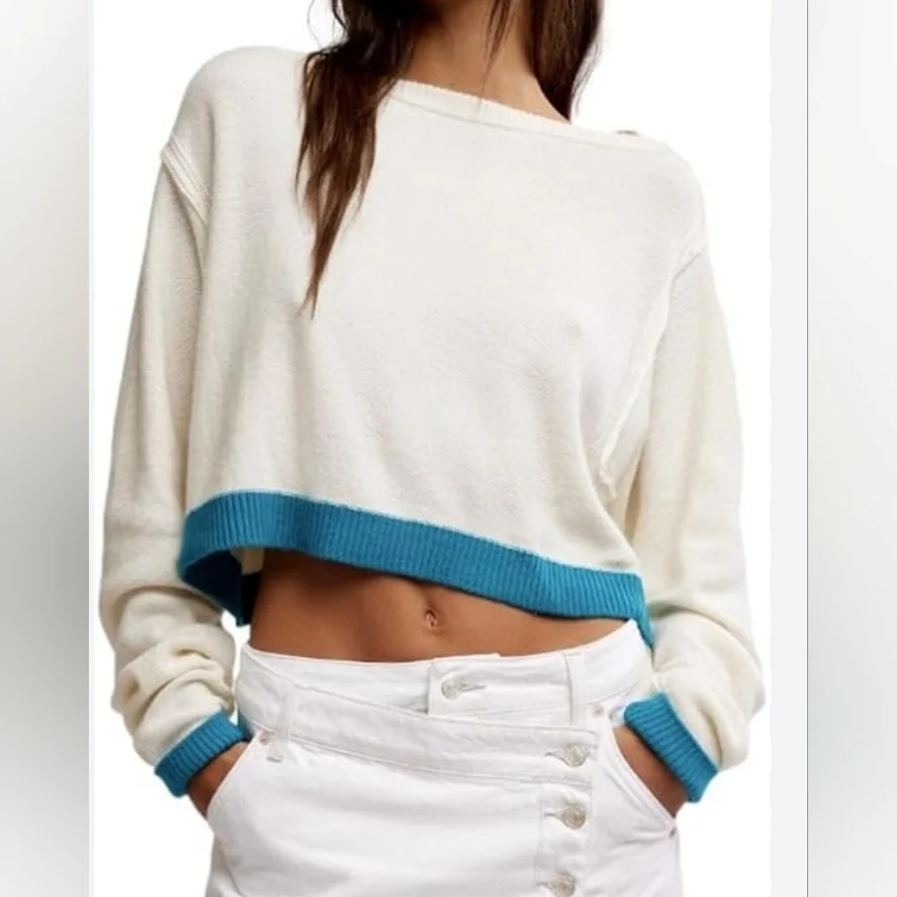 Free People Cream Cropped Sweater with Teal Trim - Picture 1 of 16
